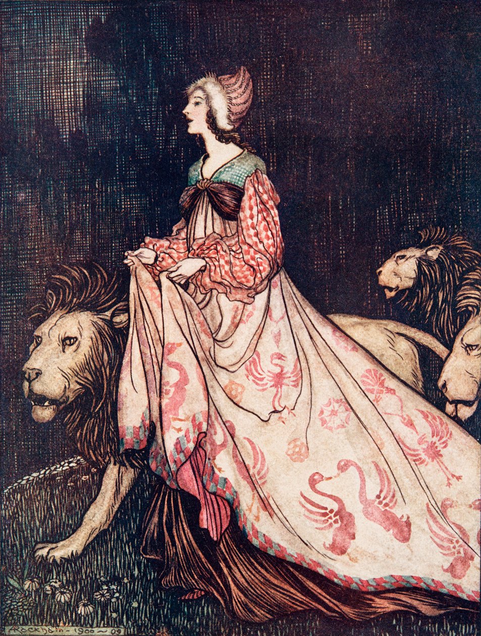 Hän lähti pois leijonien saattelemana, Grimmin veljesten saduista, pub. 1909 tekijältä Arthur Rackham