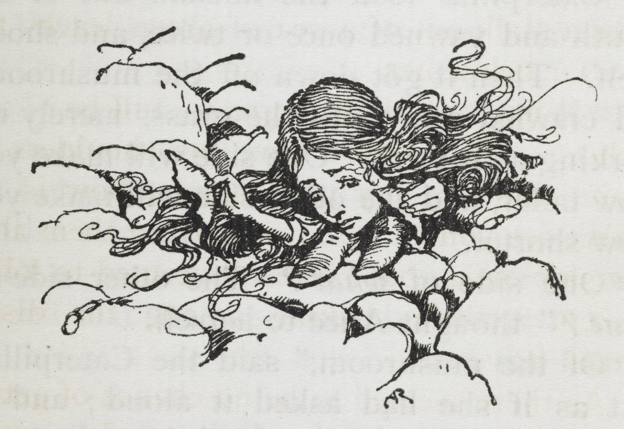 Kutistunut Alice syötyään osan Caterpillarin sienestä tekijältä Arthur Rackham