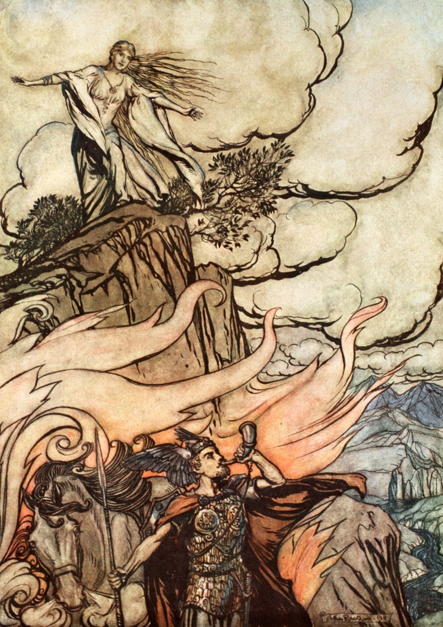 "Siegfried jättää Brunnhilden etsimään seikkailua", 1924. tekijältä Arthur Rackham