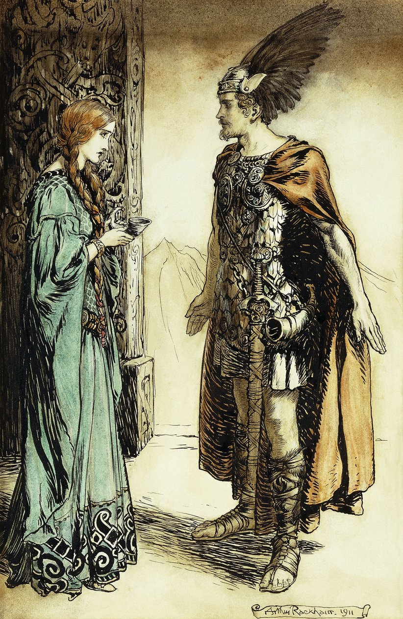 Siegfried tapaa Gutrunen: The Twilight of the Gods, 1911 tekijältä Arthur Rackham