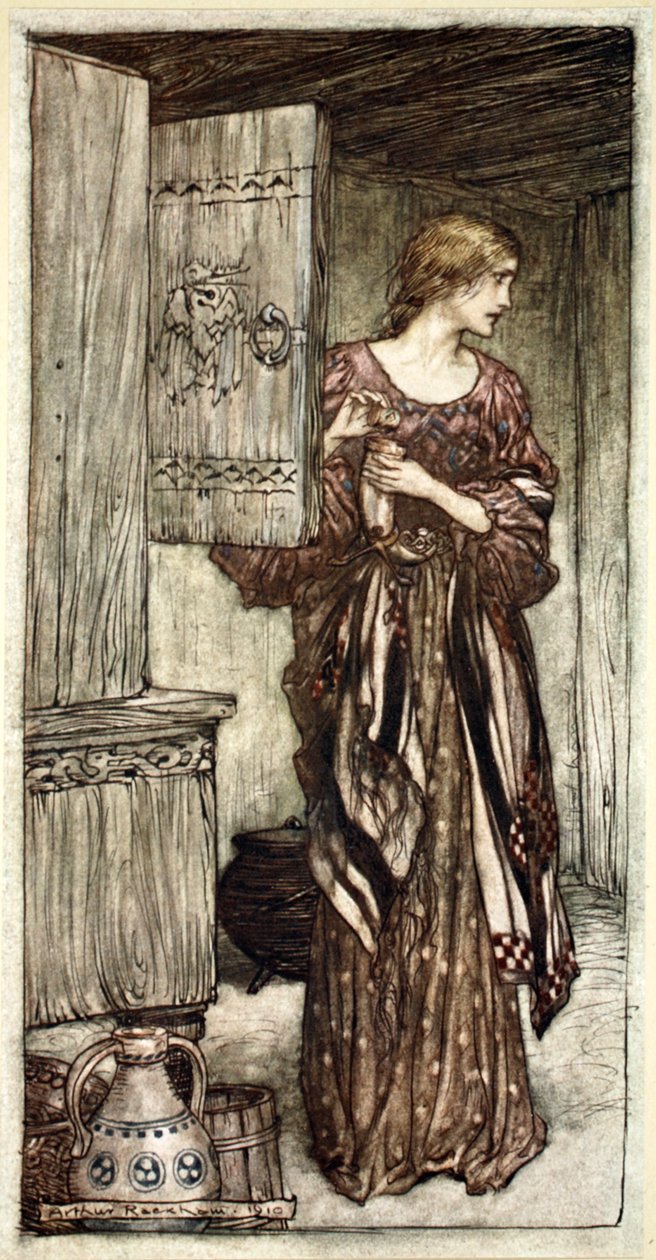 "Sieglinde valmistelee Hundingin luonnosta yöksi", 1910. tekijältä Arthur Rackham