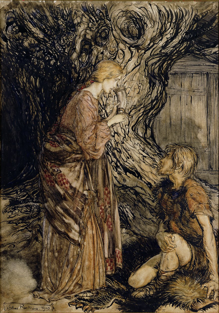 Siegmund ja Sieglinde, Kuvitus Rhinegoldista ja Valkyriestä Richard Wagner, Heinemann, 1910 (kynä ja muste wc:llä paperilla) tekijältä Arthur Rackham