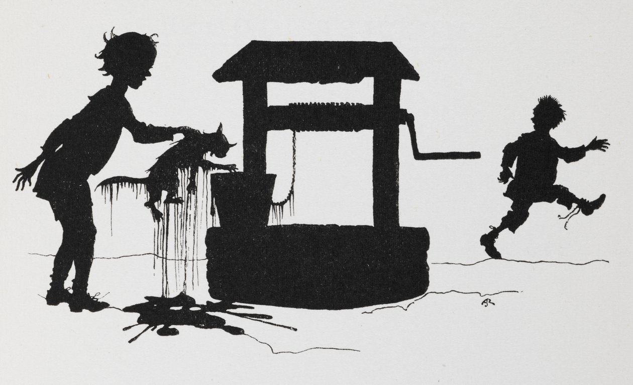 Siluetti pojasta, joka vetää kissan kaivosta. tekijältä Arthur Rackham