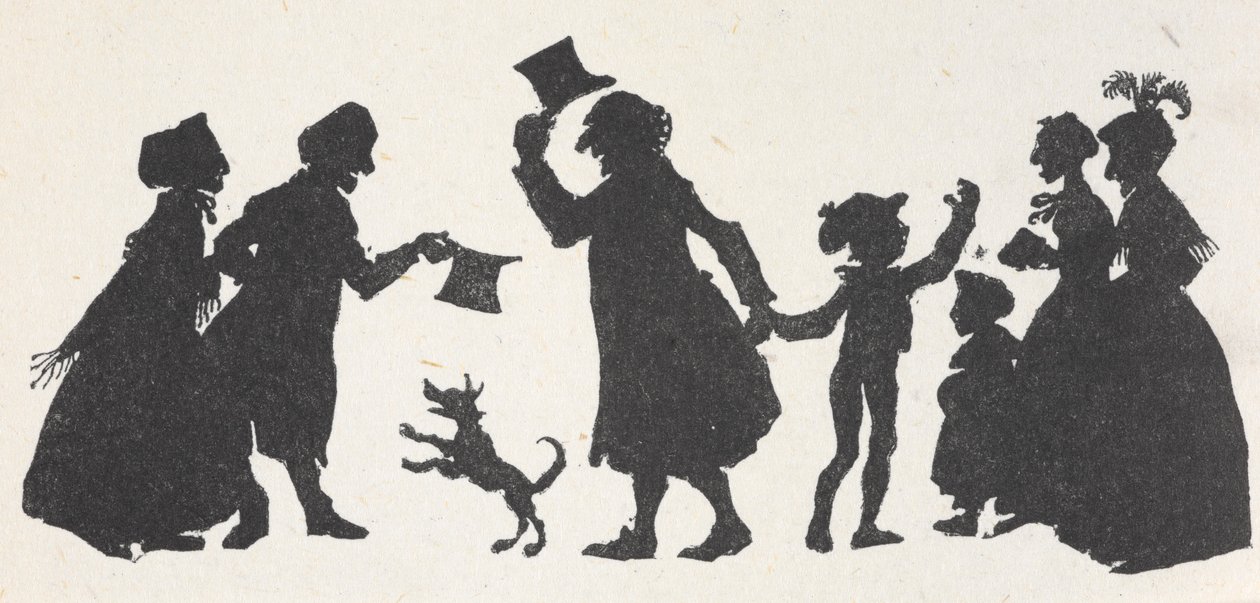 Silhueta de um menino e um homem cumprimentando as pessoas no caminho da igreja para casa tekijältä Arthur Rackham