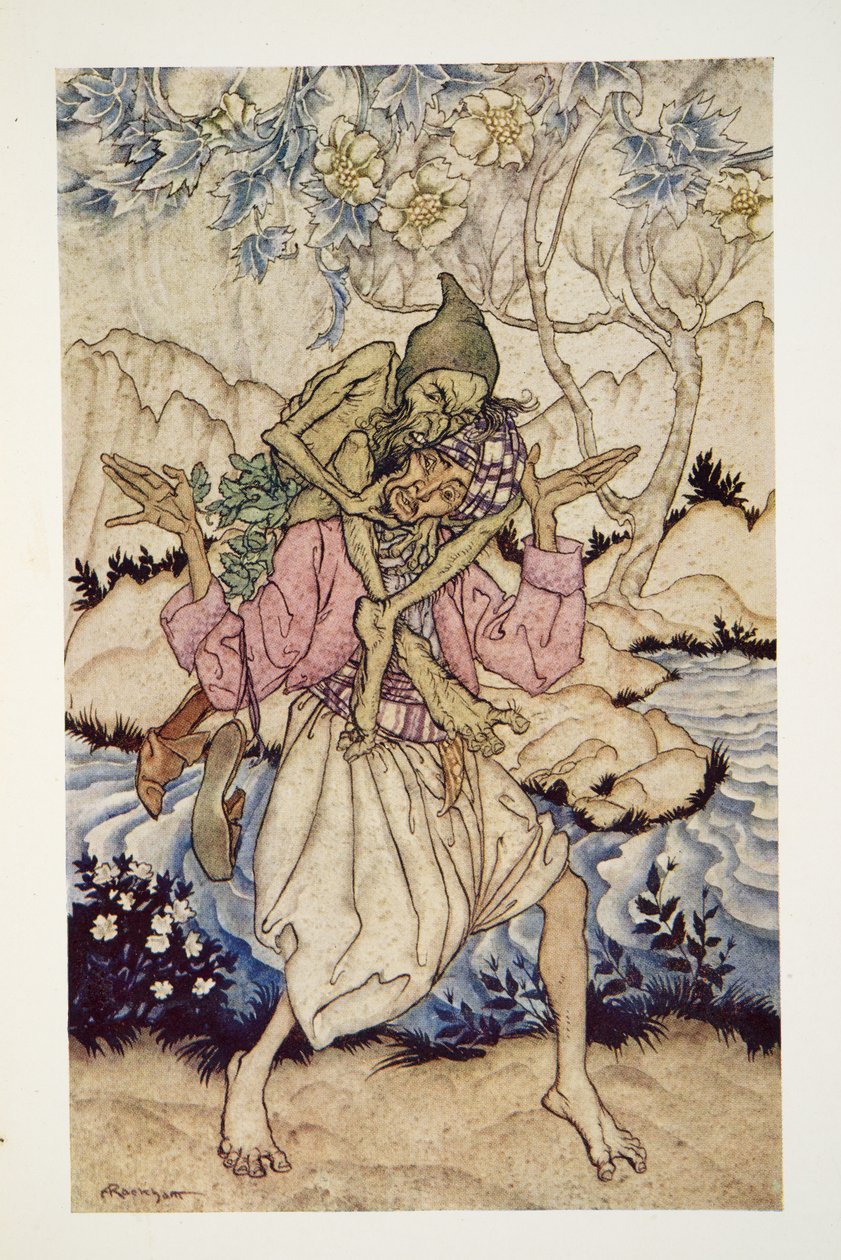 Sinbad kantoi Meren vanhaa miestä harteillaan The Arthur Rackham Fairy Book -pubista. 1933 tekijältä Arthur Rackham