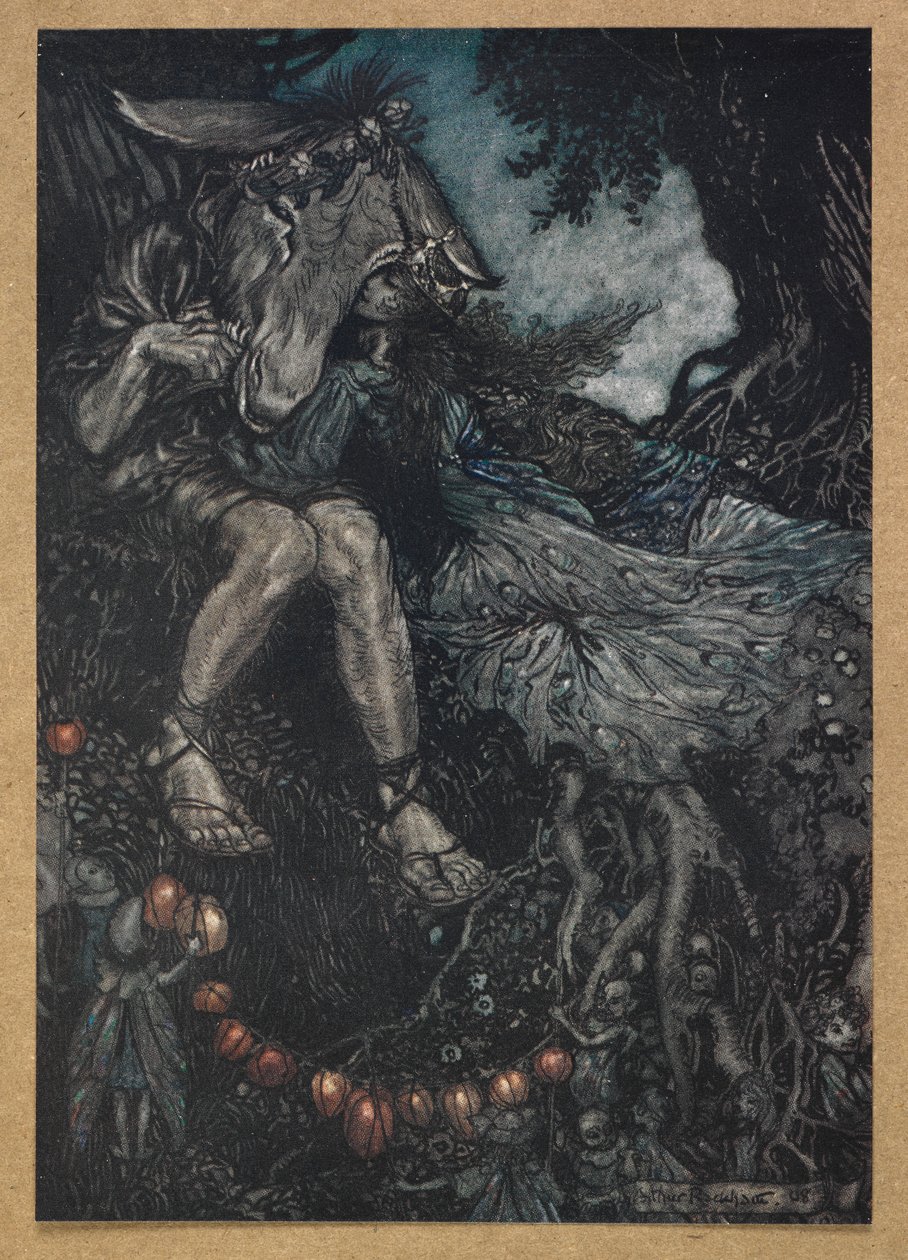 Nuku sinä, niin minä tuulen sinua käsivarsillani. Pohja ja Titania. Kohtaus Kesäyön unelmasta. tekijältä Arthur Rackham