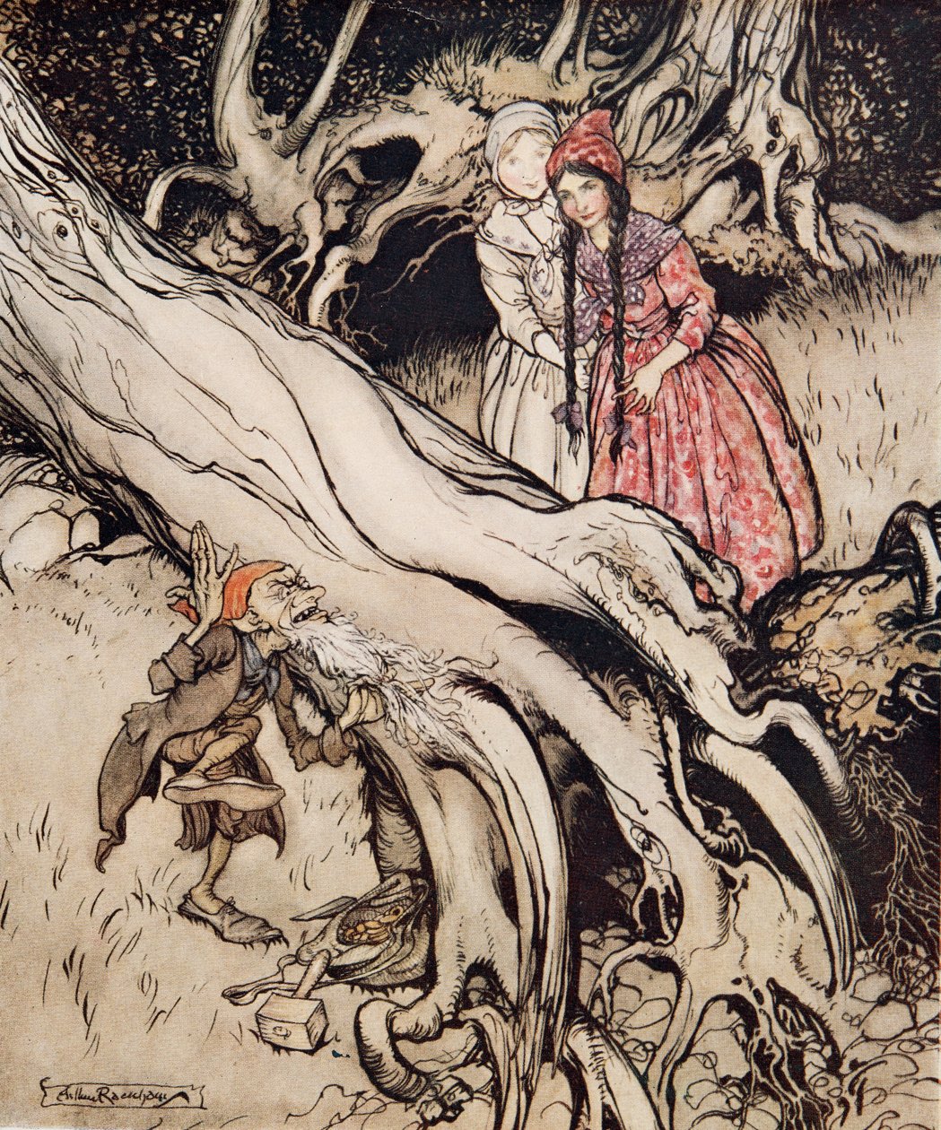 Lumivalkoinen ja ruusunpunainen, teoksesta Little Brother & Little Sister ja muita Grimmin veljesten tarinoita, pub.1917 (väri litho) tekijältä Arthur Rackham