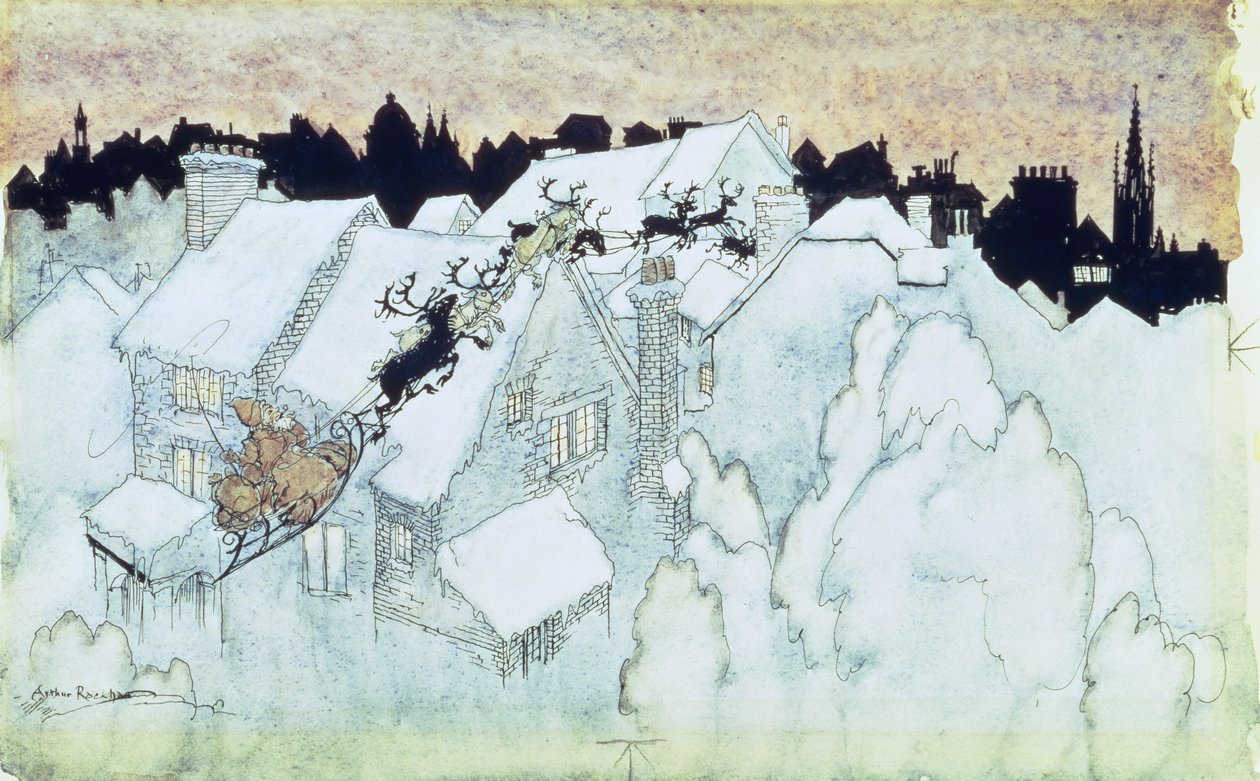"So Up to the House-top the Coursers they Flew", kuvitus "The Night Before Christmas" -pubille. 1931 tekijältä Arthur Rackham