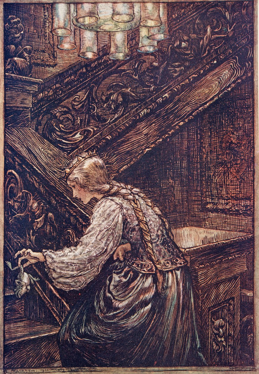 Niin hän tarttui häneen kahdella sormella ja kantoi hänet yläkertaan .., Grimmin veljesten saduista, pub. 1909 tekijältä Arthur Rackham