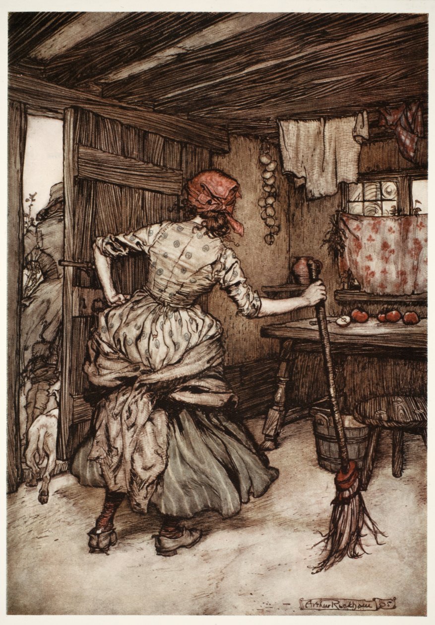 Niin, että hän uskalsi vetää voimansa pois ja viedä talon ulkopuolelle - ainoalle puolelle, joka itse asiassa kuuluu kanan nokkimalle aviomiehelle. Rip Van Winkle, Washington Irving, pubi. 1910 ( tekijältä Arthur Rackham