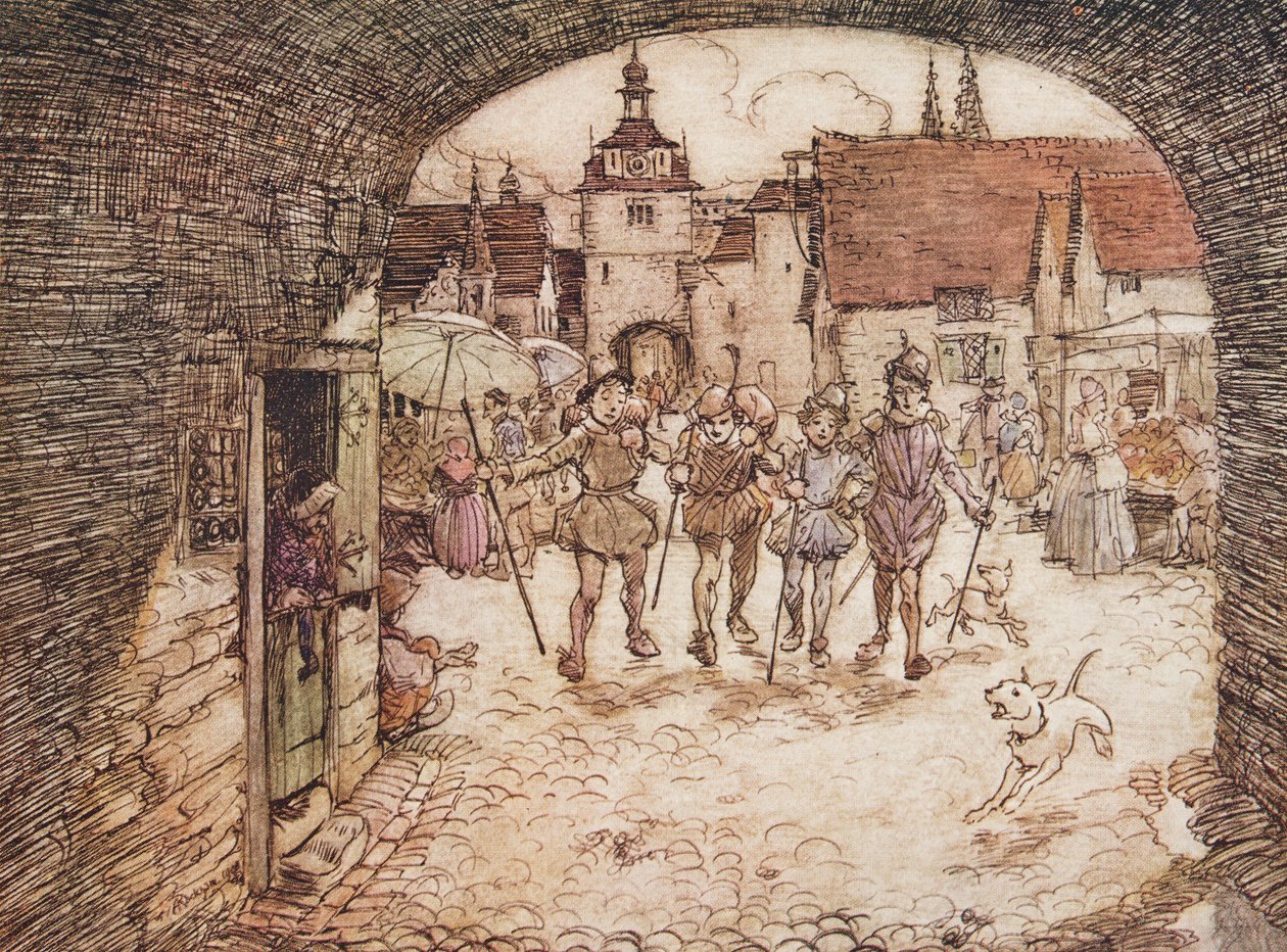 Niin neljä veljestä otti kepit käteensä, hyvästeli isänsä ja poistui kaupungin portista, Grimmin veljesten saduista, pub. 1909 tekijältä Arthur Rackham