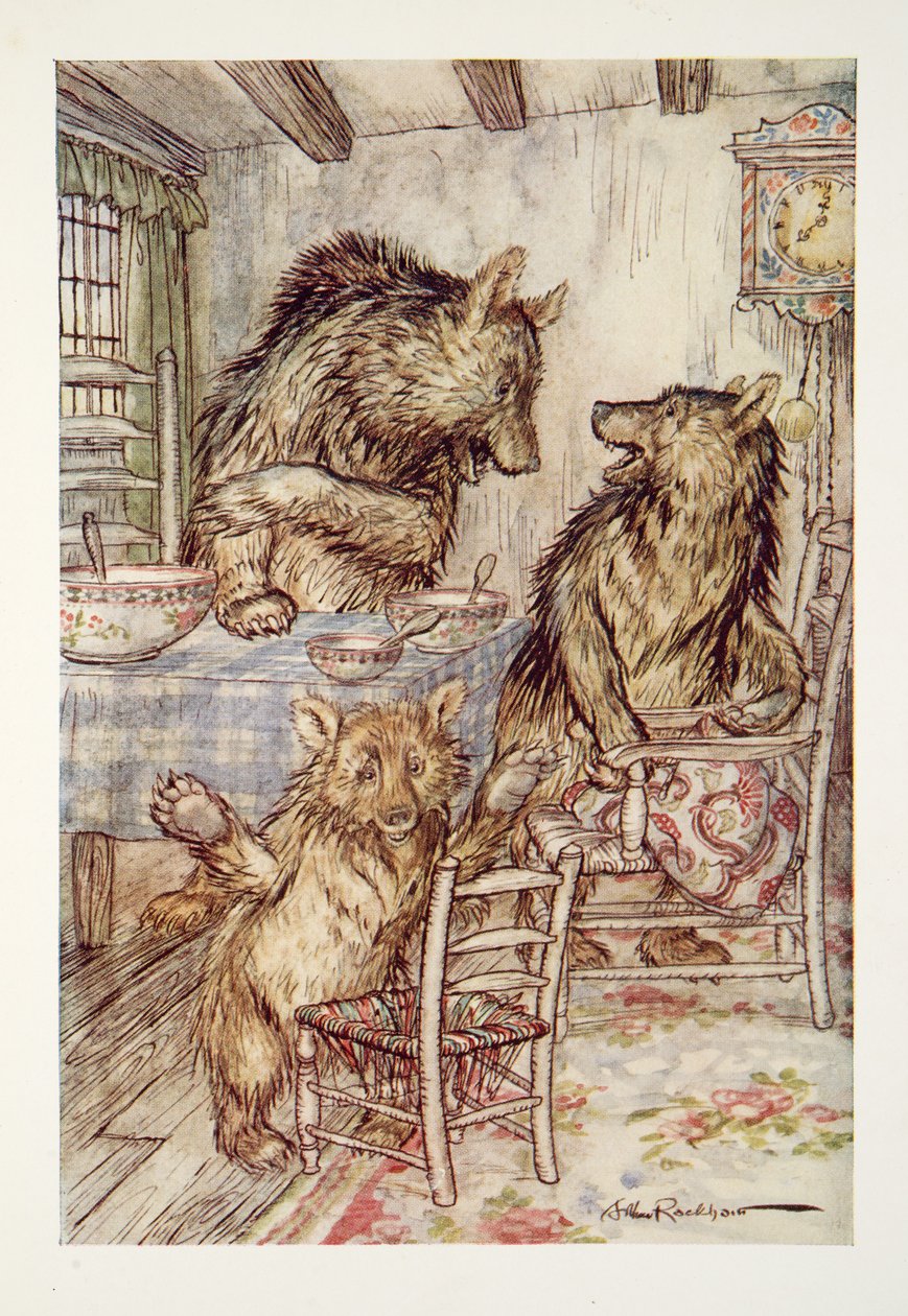 Joku on istunut tuolillani ja istunut siitä pohjasta! sanoi Little, Small, Wee Bear, The Arthur Rackham Fairy Book, pub. 1933 tekijältä Arthur Rackham