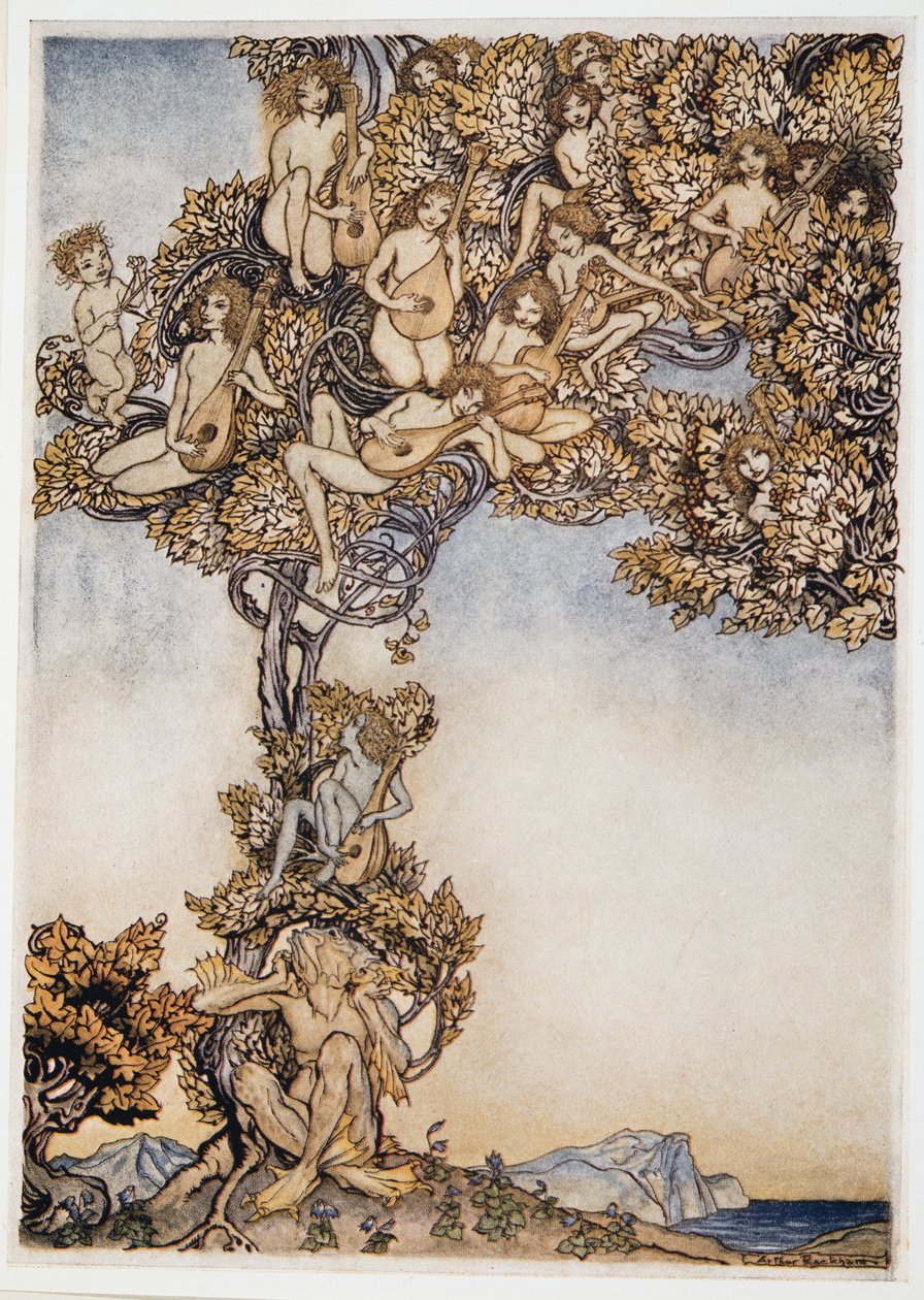 Joskus tuhannet soittimet hyräilevät korvissani, kuvitus William Shakespearesin Myrsky -teoksesta, pub. 1926 tekijältä Arthur Rackham
