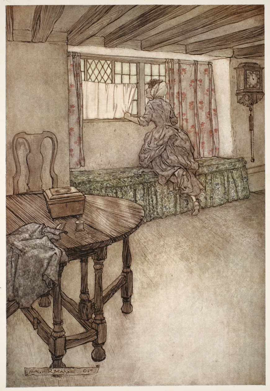 Ovien päällä oli outoja nimiä - oudot kasvot ikkunoissa - kaikki oli outoa. Washington Irvingin pubista Rip Van Winkle. 1910 tekijältä Arthur Rackham
