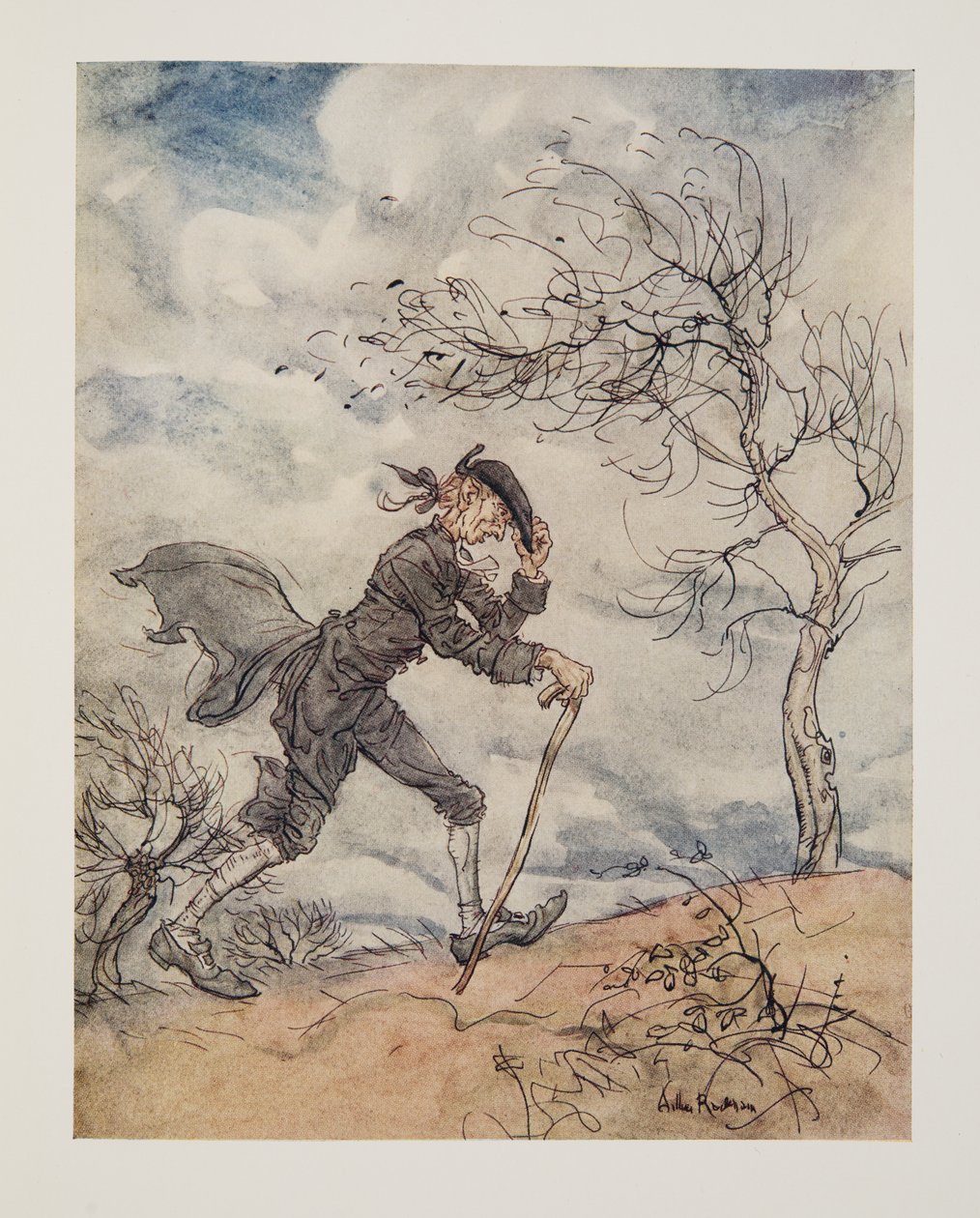 Kulkee pitkin mäen profiilia tuulisena päivänä... Washington Irvingin (1783 - 1859) pubista The Legend of Sleepy Hollow. 1928 tekijältä Arthur Rackham