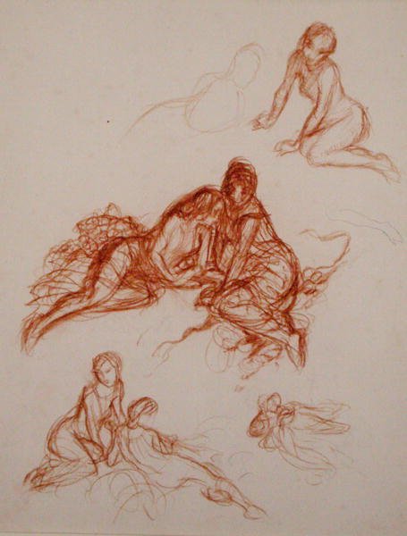 Tutkimuksia ruohikolla istuvista tytöistä (sangviini paperilla) tekijältä Arthur Rackham