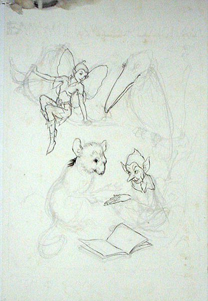 Tutkimus Emma Williams Burlinghamin kirjakilvestä (kynä, muste ja akvarelli paperille) tekijältä Arthur Rackham