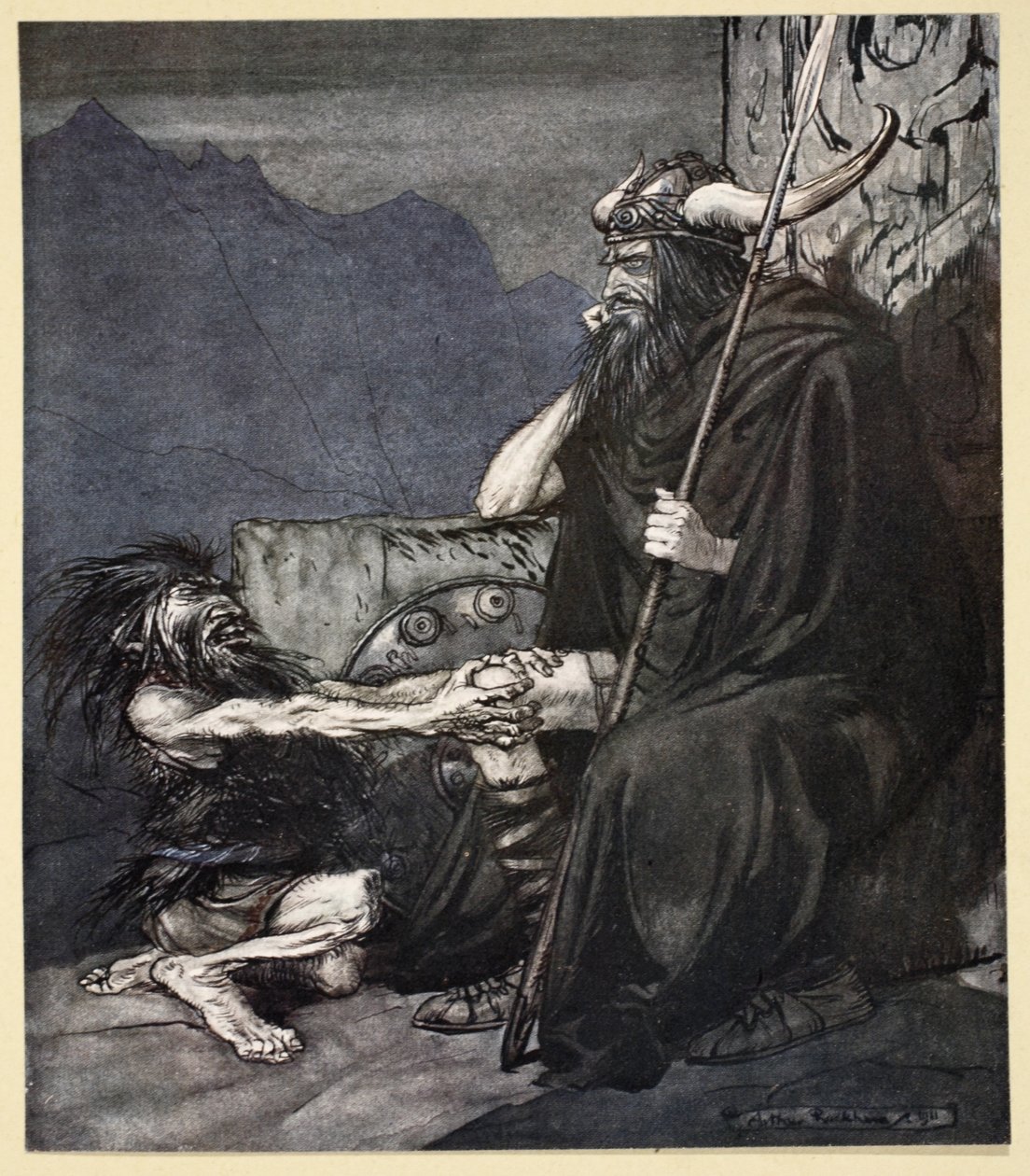 "Vanno minulle, Hagen, poikani!", kuvitus teoksesta "Siegfried and the Twilight of the Gods", 1924 tekijältä Arthur Rackham