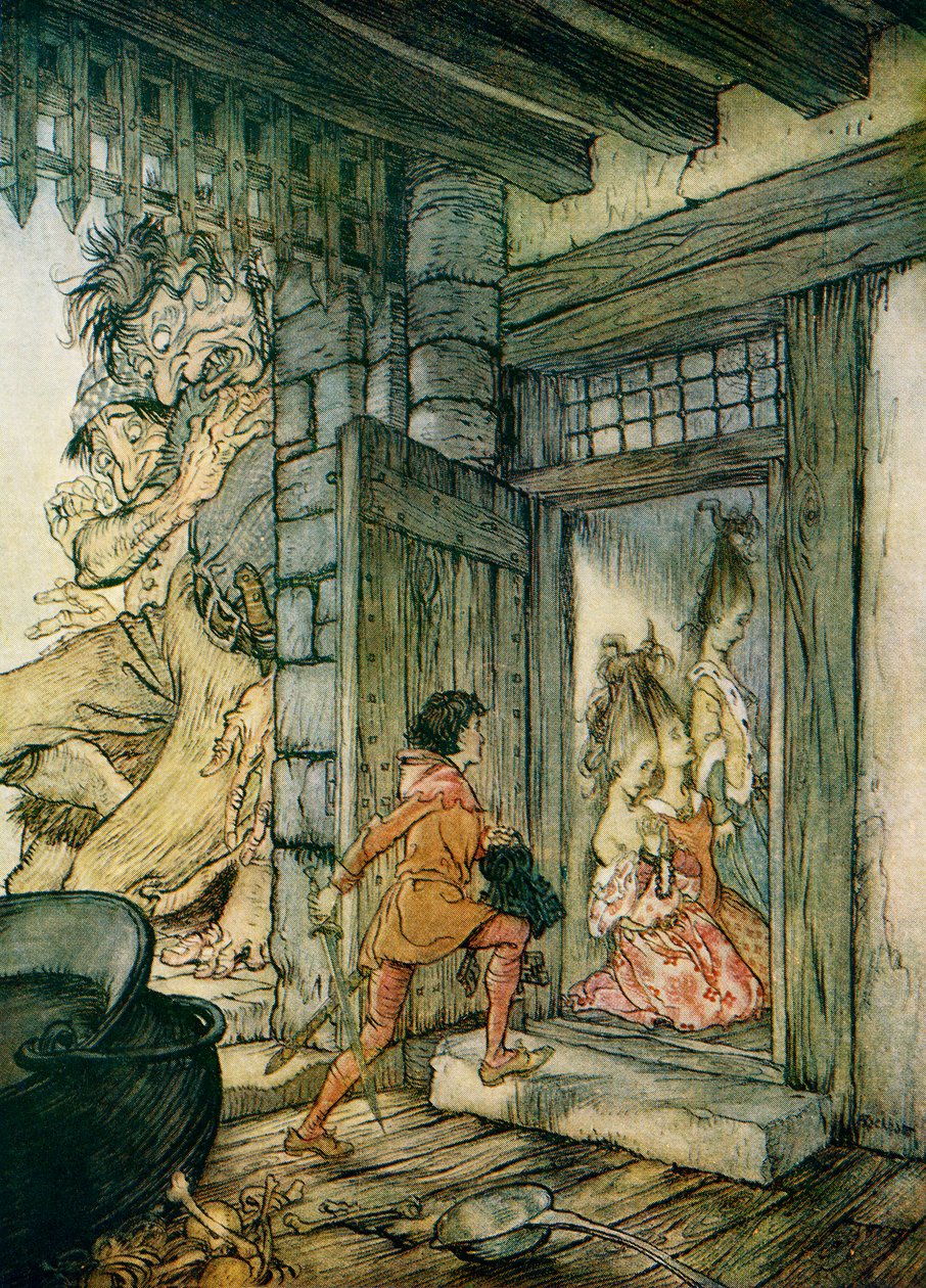 Otti linnan avaimet Jack avasi kaikki ovet, kuvitus "Jack the Giant Killer" -elokuvasta "English Fairy Tales Retold by F.A. Steel" tekijältä Arthur Rackham