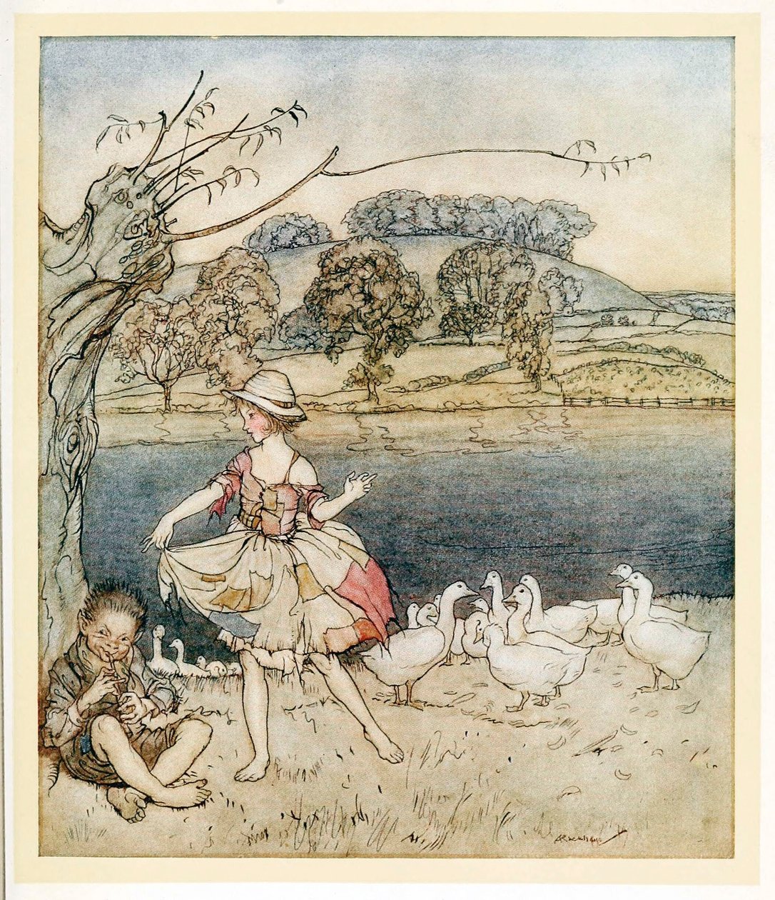 Tattercoats tanssii hanhipaimenen piippujen aikana, pubista English Fairy Tales. 1922. tekijältä Arthur Rackham
