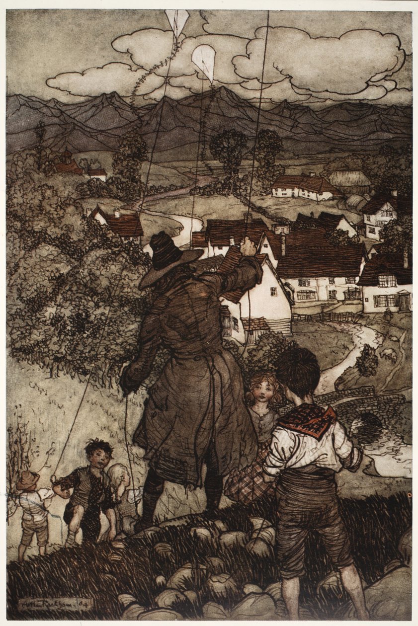 Opetti heitä lentämään leijoja. Rip Van Winkle, Washington Irving, pubi. 1910 tekijältä Arthur Rackham