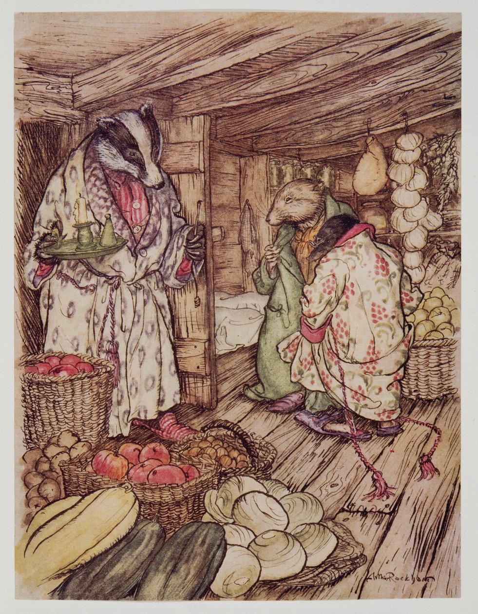 Mäyräkoirien talvisäilöt, jotka tosiaan näkyivät kaikkialla, veivät puolet huoneesta, Kenneth Grahamen (1859 - 1932) teoksesta Wind in the Willows, pub. 1940 tekijältä Arthur Rackham