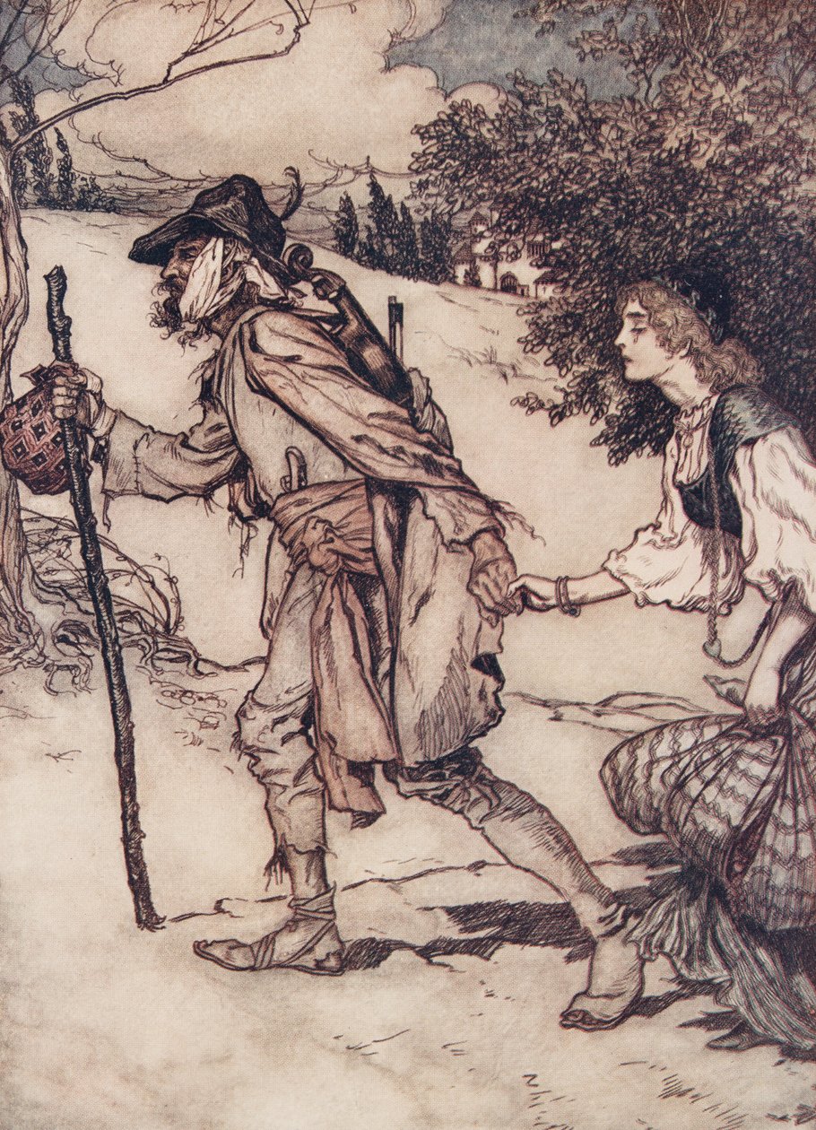 Kerjäläinen tarttui häntä kädestä ja vei hänet pois Grimmin veljesten saduista, pub. 1909 tekijältä Arthur Rackham