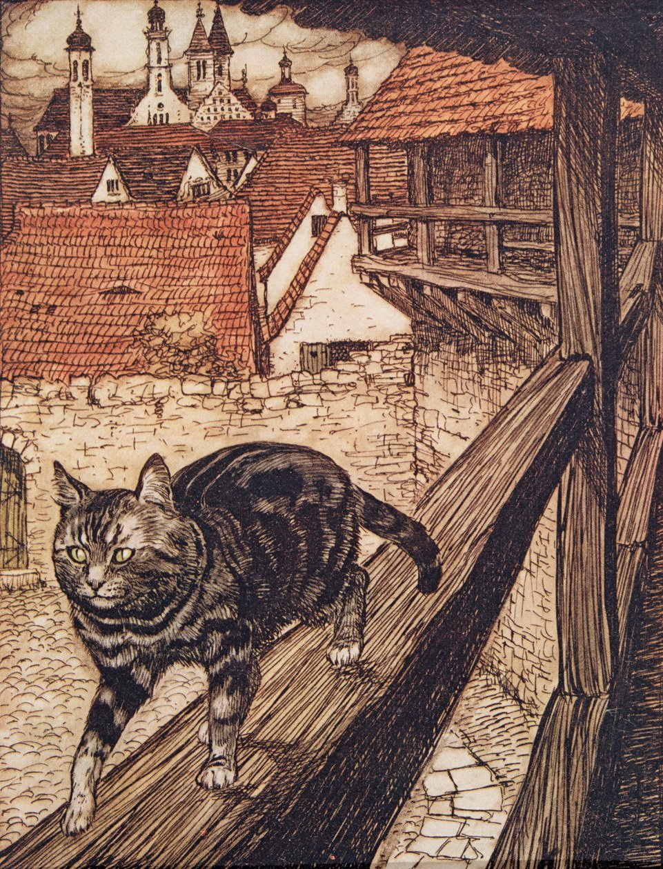 Kissa karkasi kaupungin muurien taakse kirkkoon .., Grimmin veljesten saduista, pub. 1909 tekijältä Arthur Rackham