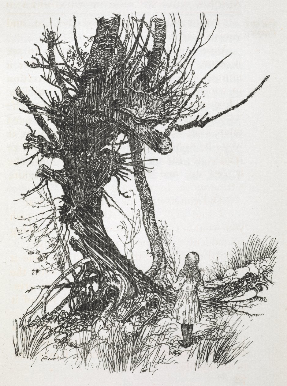 Cheshiren kissa puussa katsomassa Alicea tekijältä Arthur Rackham