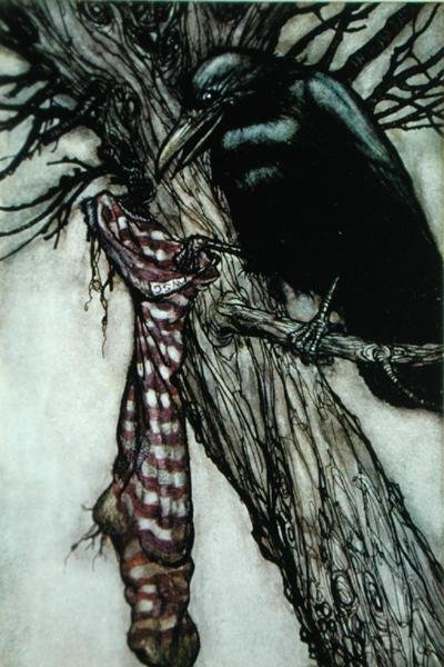 The Crow, kuvitus J. M. Barrien (1860-1937) teoksesta "Peter Pan" (värilito) tekijältä Arthur Rackham