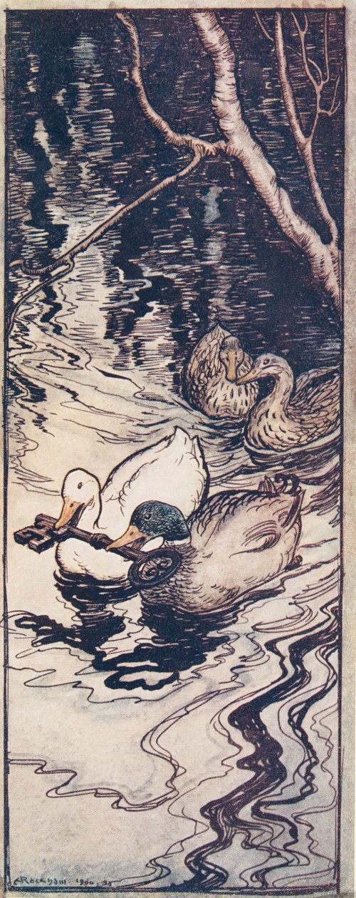 Sorsat, jotka hän oli kerran pelastanut, sukelsivat ja toivat avaimen ylös syvyyksistä (The Fairy Tales of the Brothers Grimm, pub. 1909 tekijältä Arthur Rackham