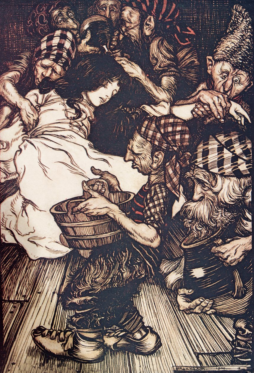 Kääpiöt löysivät illalla tullessaan Lumikellon makaamassa maassa, Grimmin veljesten saduista, pub. 1909 tekijältä Arthur Rackham
