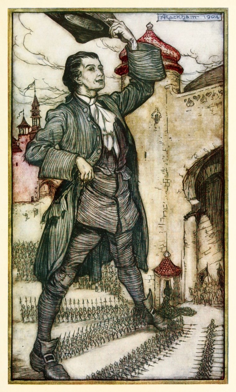 Lilliputin keisari tarkastelee joukkojaan Jonathan Swiftin Gulliversin matkojen I osasta: Matka Lilliputtiin. tekijältä Arthur Rackham