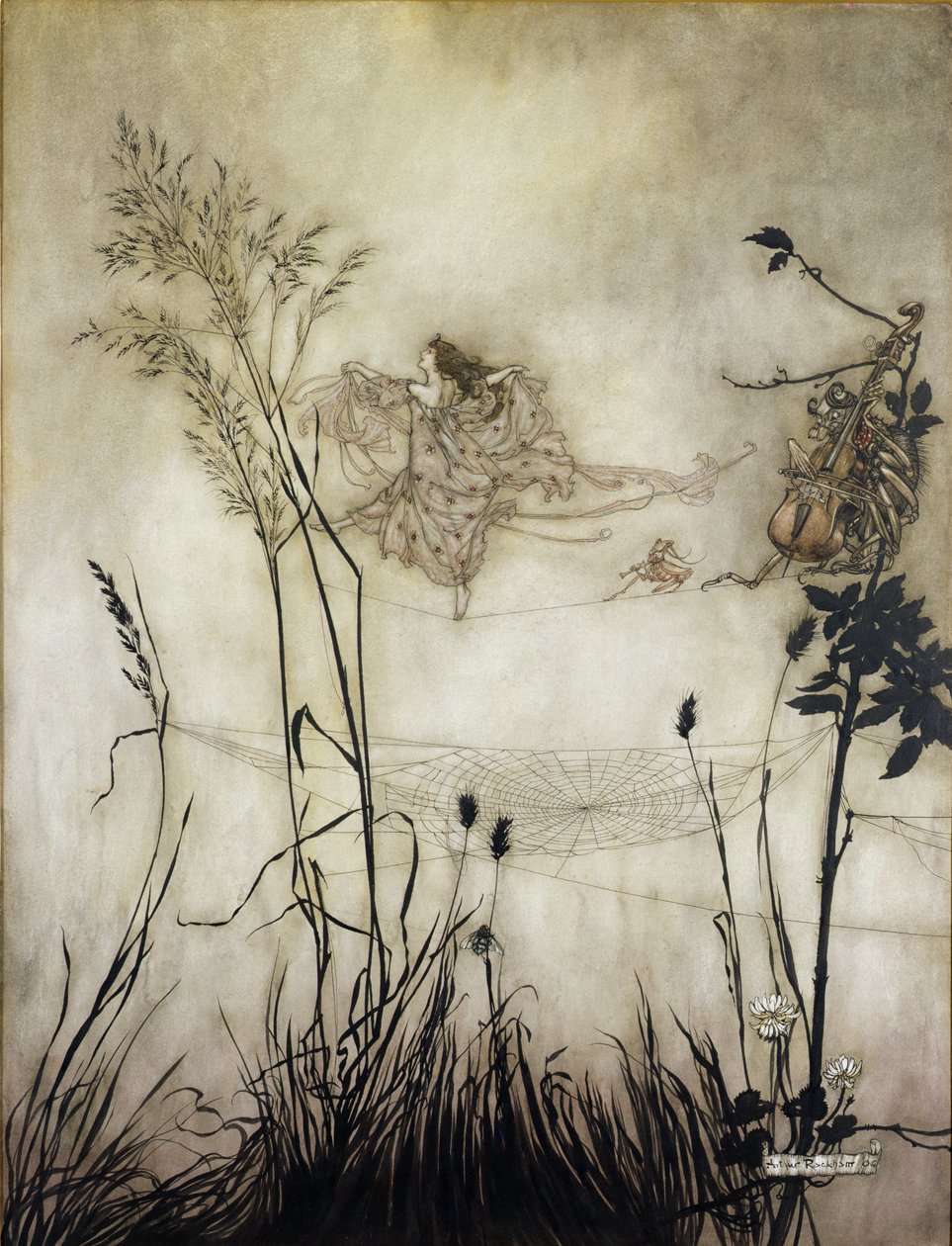 Keijut ovat hienoja tanssijoita, kuvitus Peter Panissa Kensington Gardensissa, kirjoittanut J.M Barrie (1860-1937) 1906 (kynä ja muste wc:llä paperilla) tekijältä Arthur Rackham