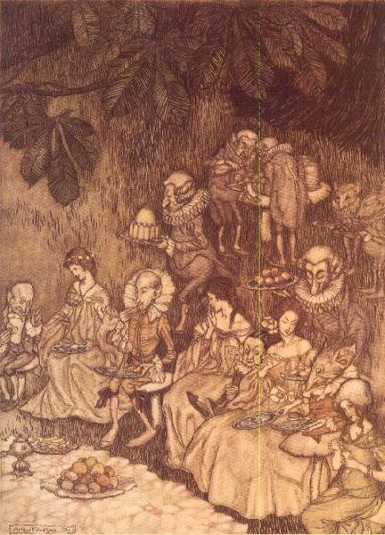 "The Feast" J. M. Barrien teoksesta "Peter Pan Kensington Gardensissa" tekijältä Arthur Rackham