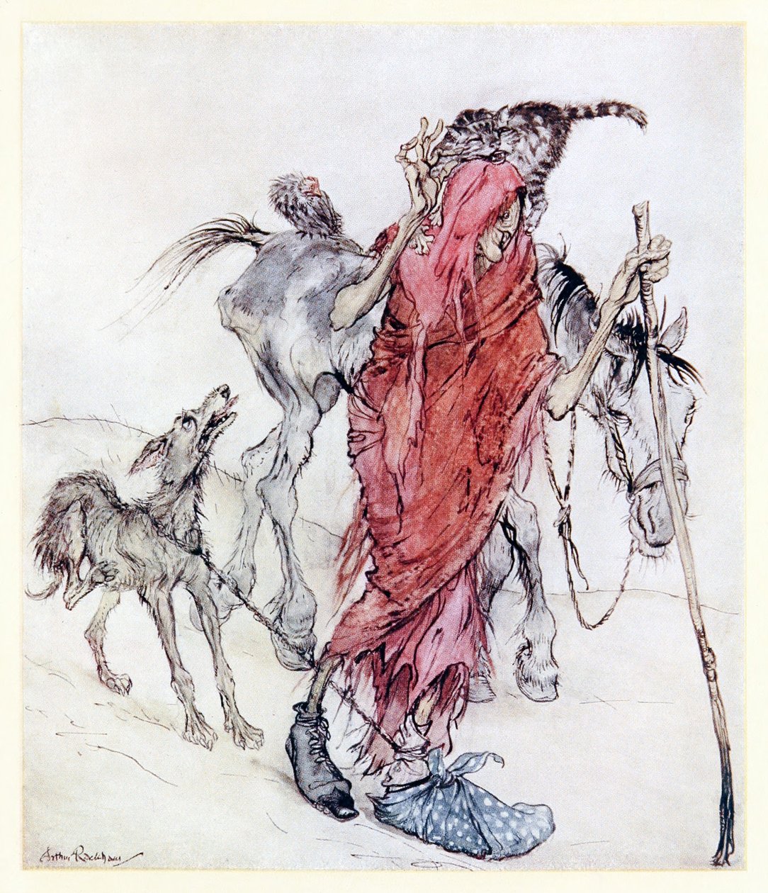 The Hag of the Mill oli luiseva, laiha sauva, jolla oli oudot jalat. from Mongans Frenzy in Irish Fairy Tales. tekijältä Arthur Rackham