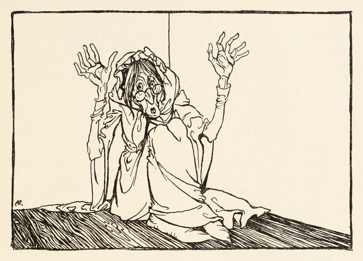 The Hag istui seinää vasten, Morgans Frenzy in Irish Fairy Tales -teoksesta. tekijältä Arthur Rackham