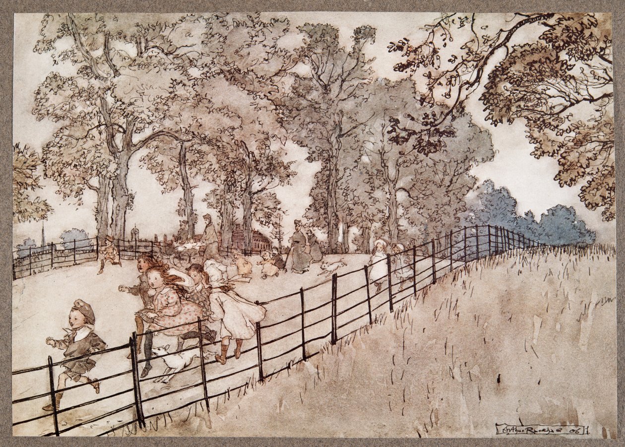 The Hump, joka on osa Broad Walk -kävelyä, jossa ajetaan kaikki suuret kilpailut. Peter Panin Kensington Gardensissa kirjoittanut J M Barrie (1860 - 1937), pubi. 1906 tekijältä Arthur Rackham