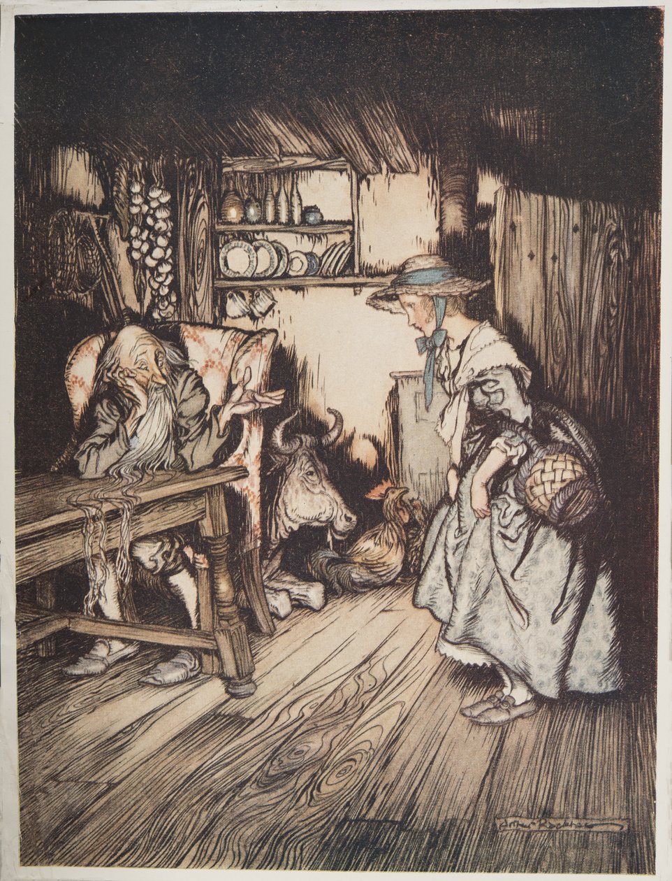 The Hut in the Forest, teoksesta Little Brother & Little Sister ja muita Grimmin veljien tarinoita, pub.1917 tekijältä Arthur Rackham