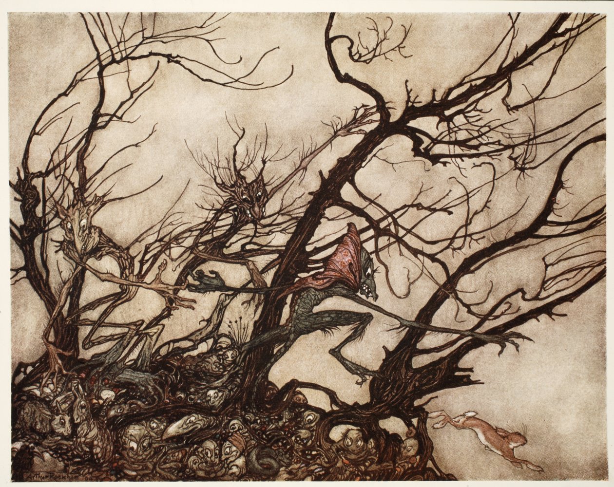 Intiaanit pitivät niitä henkien asuinsijana. Rip Van Winklen kirjoittaja Washington Irving, pubi. 1910 tekijältä Arthur Rackham