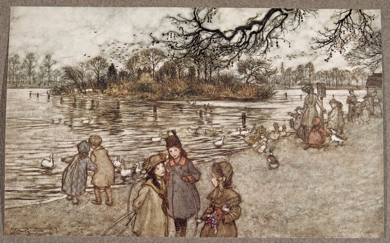 Saari, jolle kaikki linnut syntyvät ja joista tuli poikia ja tyttöjä, Peter Panin Kensington Gardensissa kirjoittanut J M Barrie (1860 - 1937), pub. 1906 tekijältä Arthur Rackham