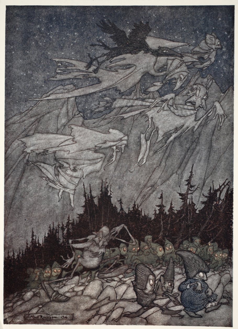 Kaatskill-vuoret olivat aina kummitelleet outoja olentoja. Rip Van Winkle, Washington Irving, pubi. 1910 tekijältä Arthur Rackham