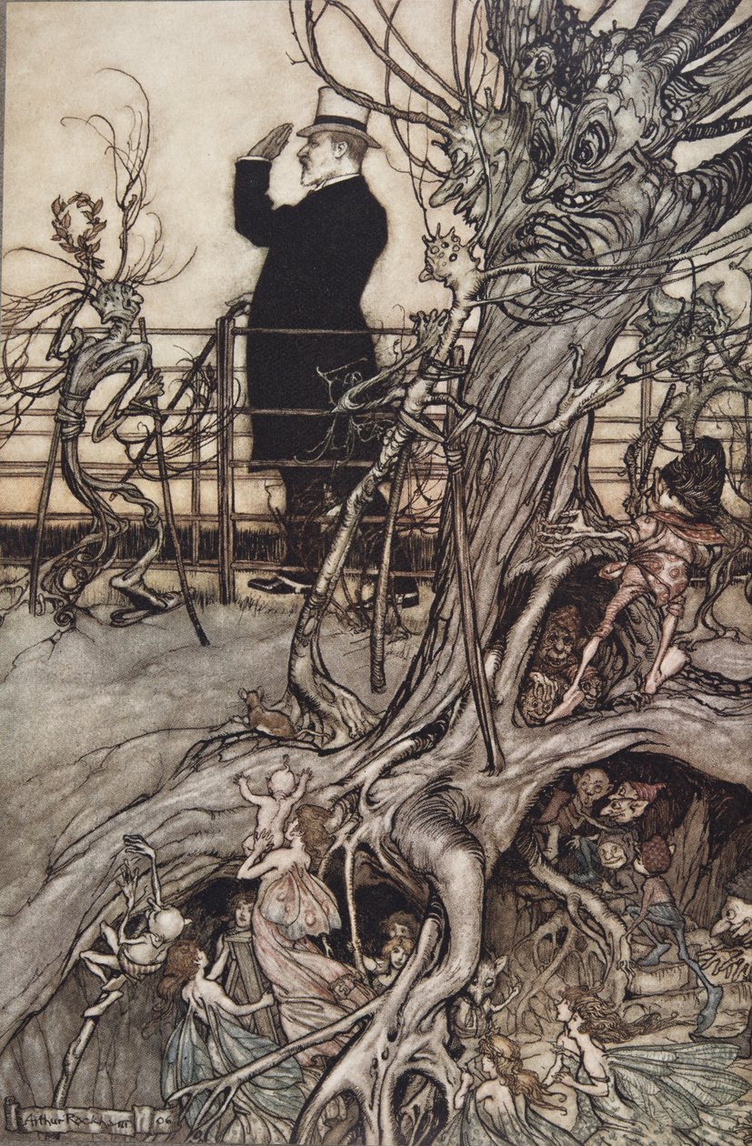 Kensington Gardens on Lontoossa, jossa kuningas asuu ..", kirjoittanut Peter Pan Kensington Gardensissa, kirjoittanut J M Barrie (1860 - 1937), pub. 1906 (värilitho) tekijältä Arthur Rackham
