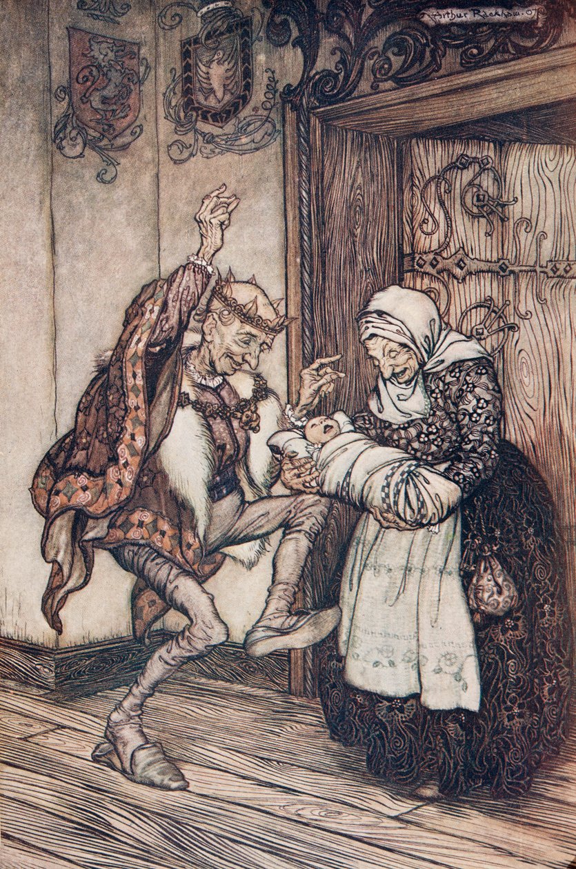 Kuningas ei voinut hillitä iloaan ?., Grimmin veljesten saduista, kustantamo. 1909 tekijältä Arthur Rackham