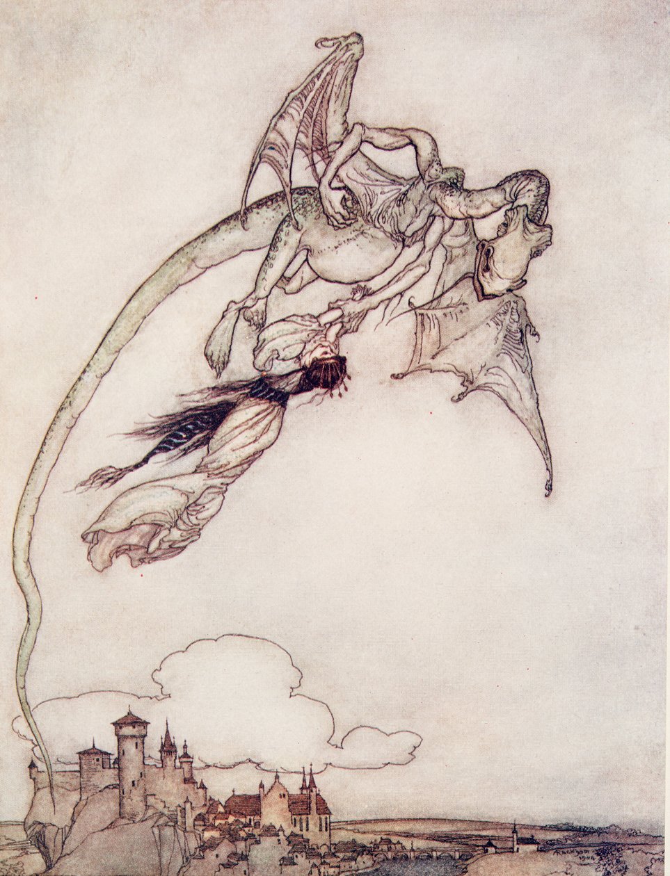 Lohikäärme oli vienyt kuninkaan ainoan tyttären, Grimmin veljesten saduista, pub. 1909 tekijältä Arthur Rackham
