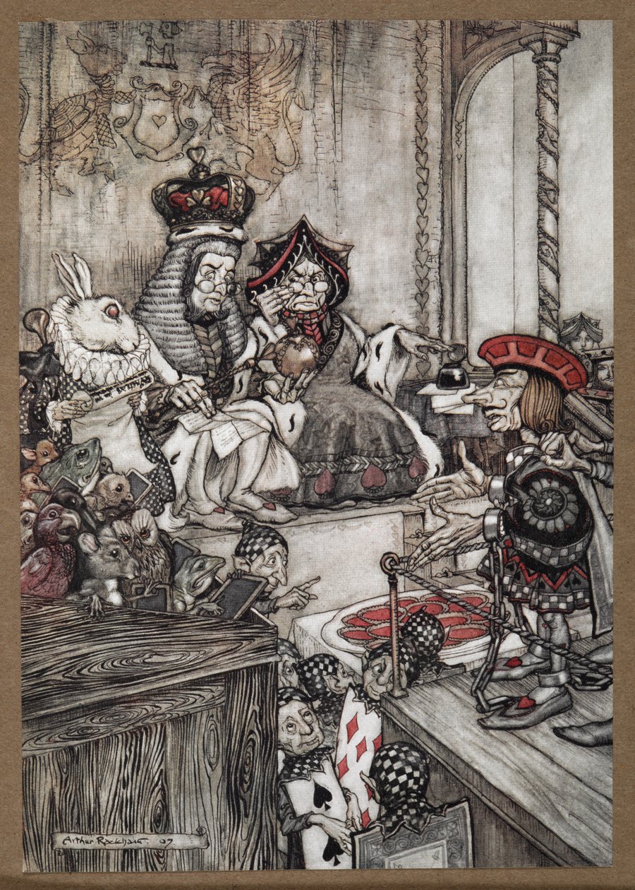 Sydänroisto telakalla Queen of Hearts -kuninkaan edessä, jota syytettiin torttujen varastamisesta tekijältä Arthur Rackham