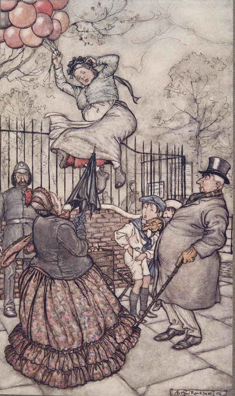 J M Barrien (1860 - 1937) pub, The Lady with the balloons, joka istuu aivan ulkopuolella, kirjoittanut Peter Pan Kensington Gardensista. 1906 tekijältä Arthur Rackham