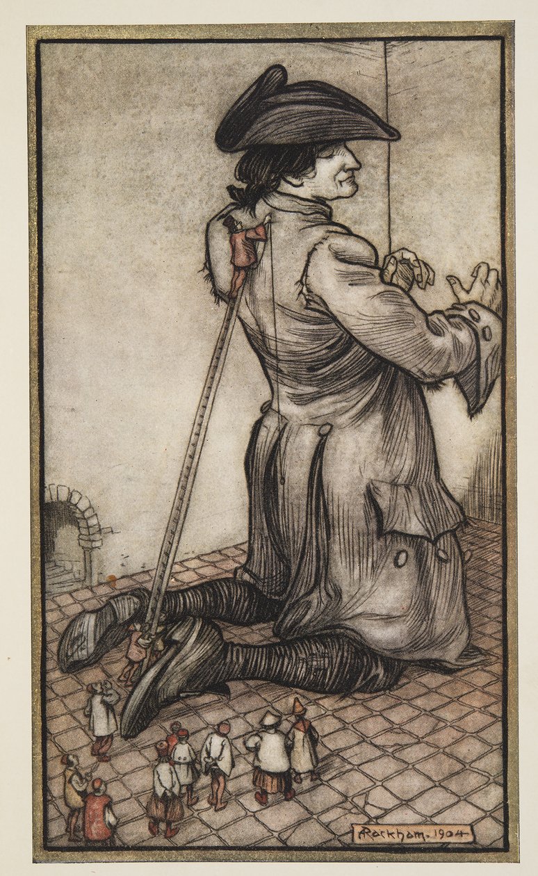 The Lilliputian Tailors Measure Gullliver for a New Suit of Clothes (Lilliputin räätälit mittaavat Gullliverille uudet vaatteet), kirjasta Gullivers Travels by Jonathon Swift (1667 - 1745), pub. 1909 tekijältä Arthur Rackham