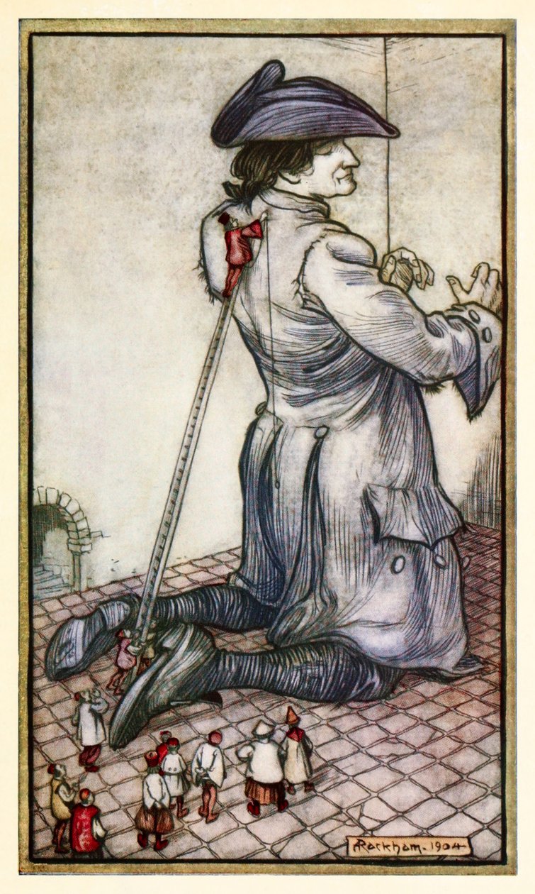 Lilliputin räätälit mittaavat Gulliverille uudet vaatteet, osa I: Matka Lilliputtiin, Jonathan Swiftin Gulliversin matkat. tekijältä Arthur Rackham