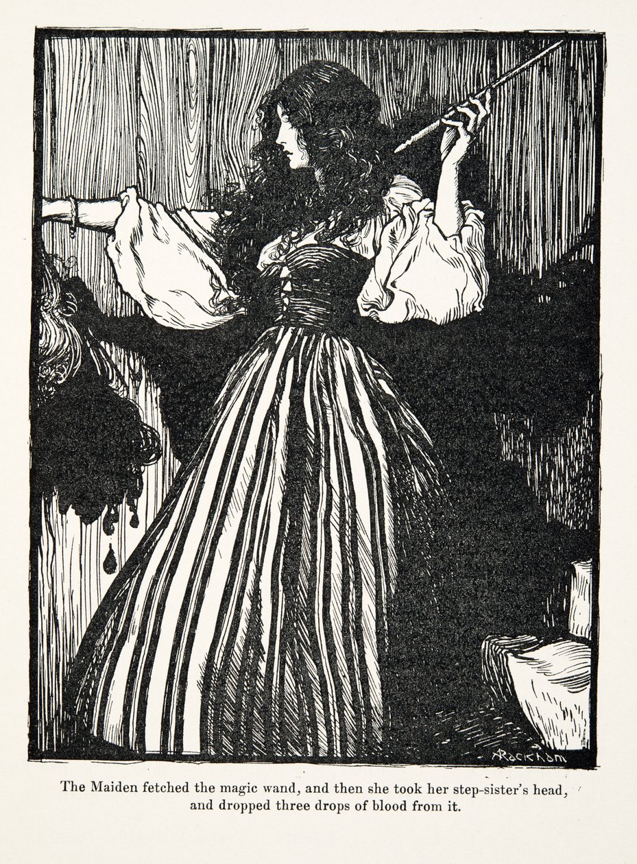 Neito haki taikasauvan, otti sitten sisarpuoliensa päätä ja pudotti siitä kolme pisaraa verta, Grimmin veljesten saduista, kustantaja: The Fairy Tales of the Brothers Grimm. 1909 tekijältä Arthur Rackham